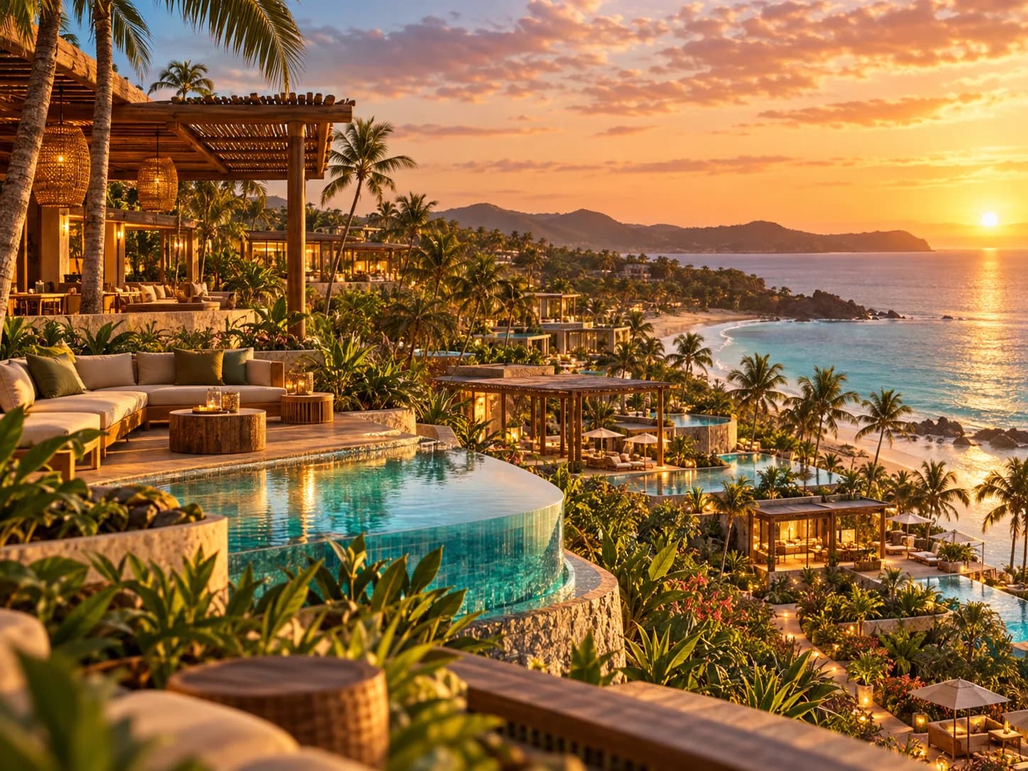 Konzeptvisualisierung des NĀTURO Reconnect Resort mit Pool und Meerblick