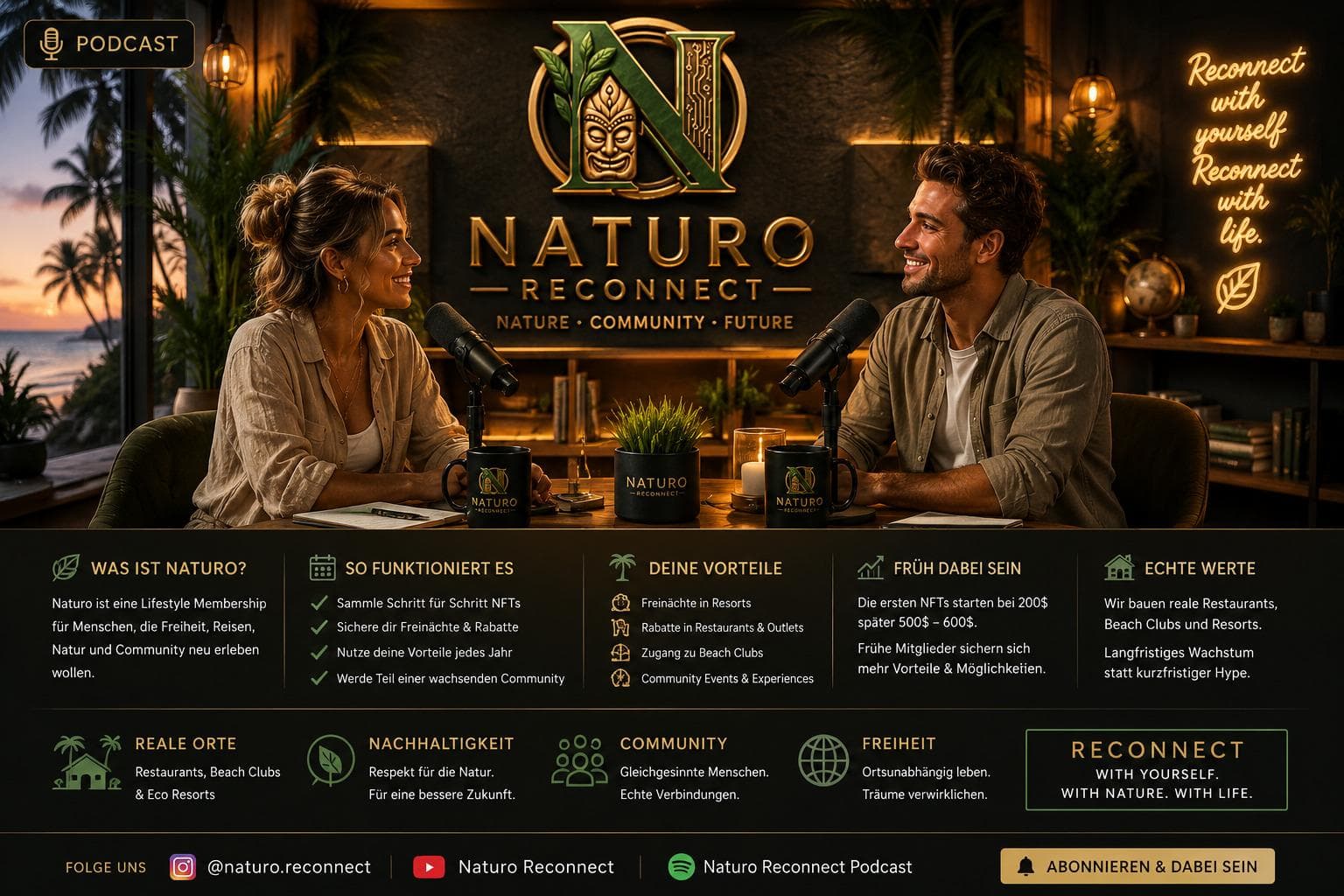 NATURO Reconnect Podcast mit zwei Hosts im tropischen Studio